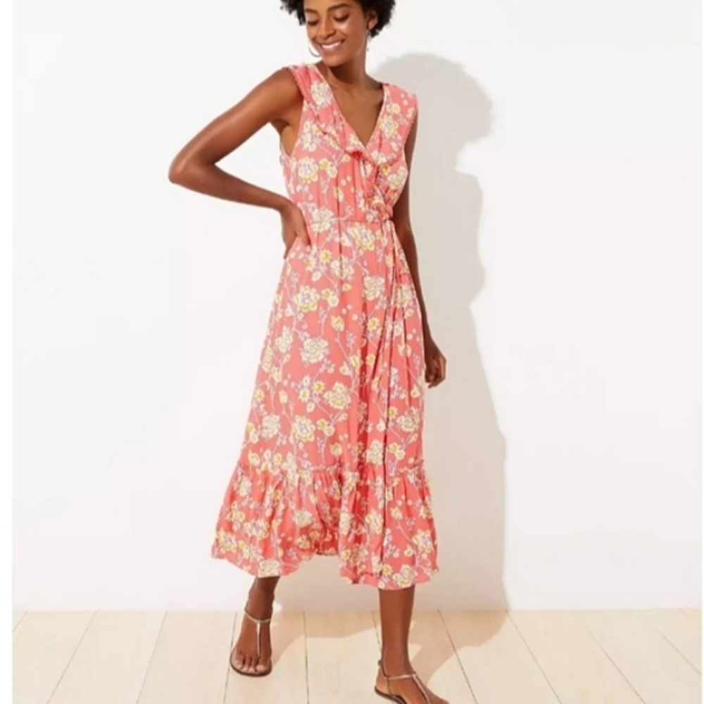 LOFT Coral-Pink Floral Tie-Waist Ruffle Maxi Dress